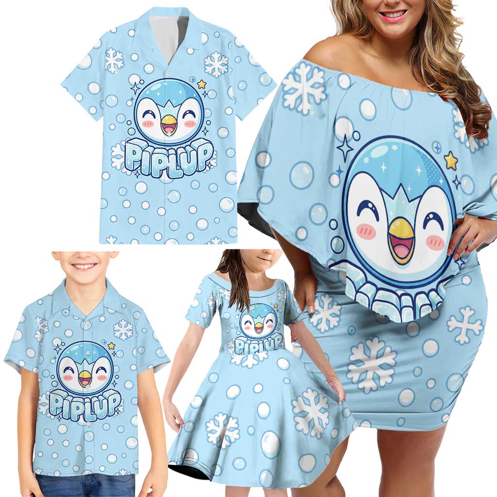 Piplup Family Matching Off Shoulder Short Dress and Hawaiian Shirt Cute Winter Snowflake Art