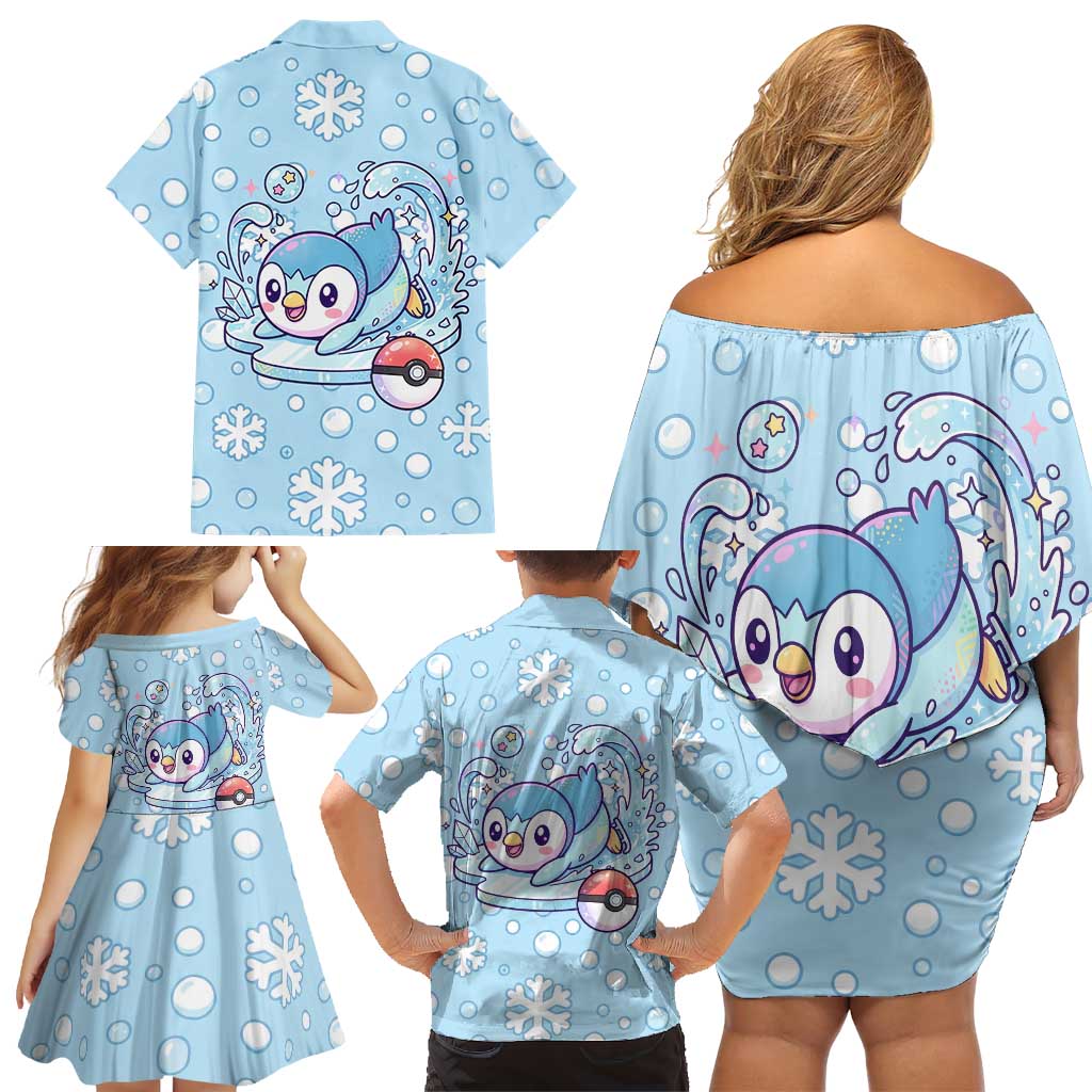 Piplup Family Matching Off Shoulder Short Dress and Hawaiian Shirt Cute Winter Snowflake Art