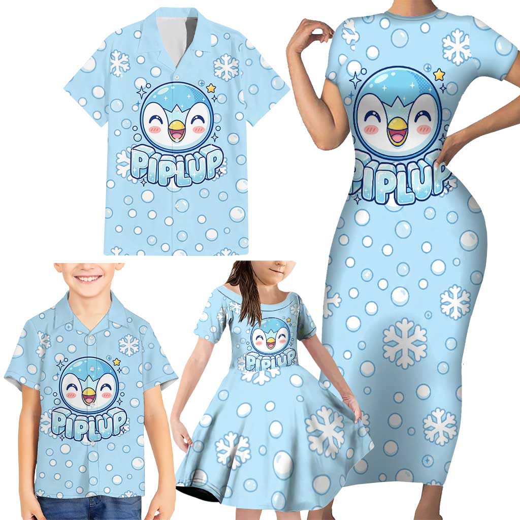 Piplup Family Matching Short Sleeve Bodycon Dress and Hawaiian Shirt Cute Winter Snowflake Art