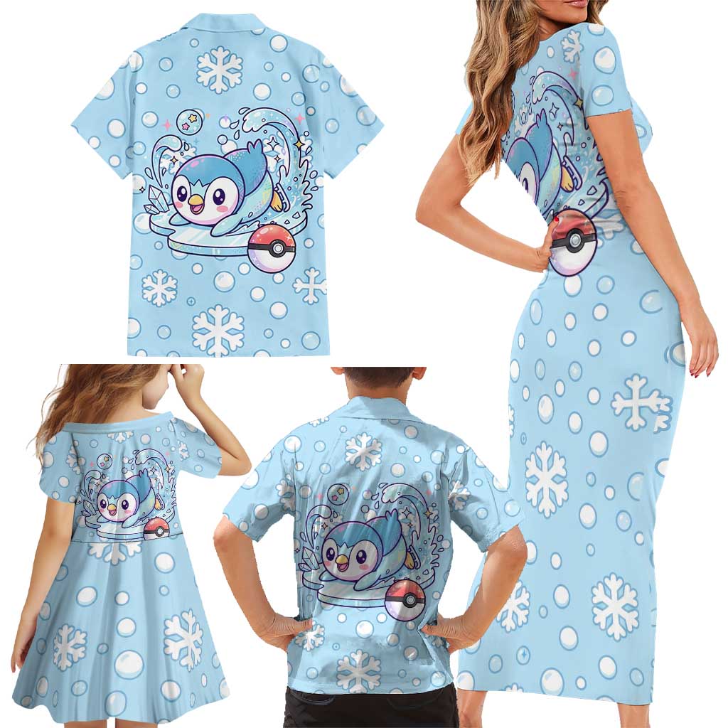 Piplup Family Matching Short Sleeve Bodycon Dress and Hawaiian Shirt Cute Winter Snowflake Art