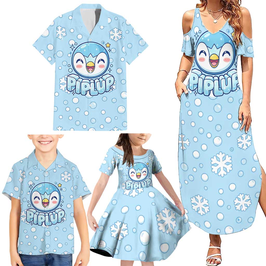 Piplup Family Matching Summer Maxi Dress and Hawaiian Shirt Cute Winter Snowflake Art