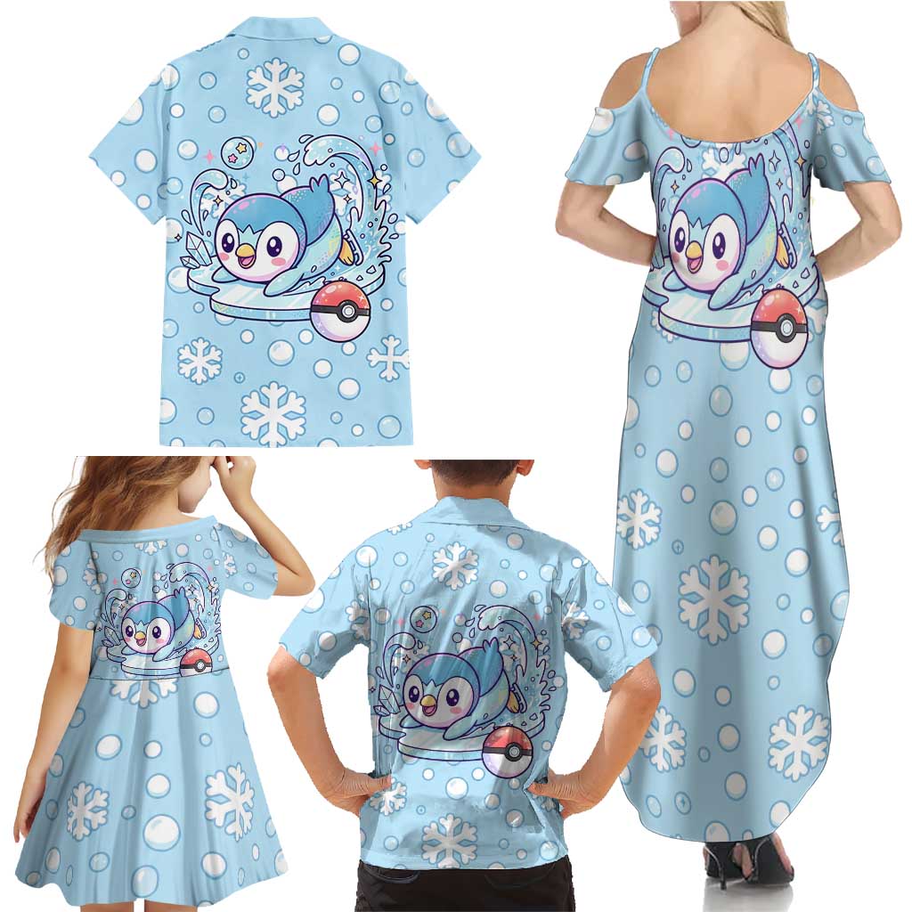 Piplup Family Matching Summer Maxi Dress and Hawaiian Shirt Cute Winter Snowflake Art
