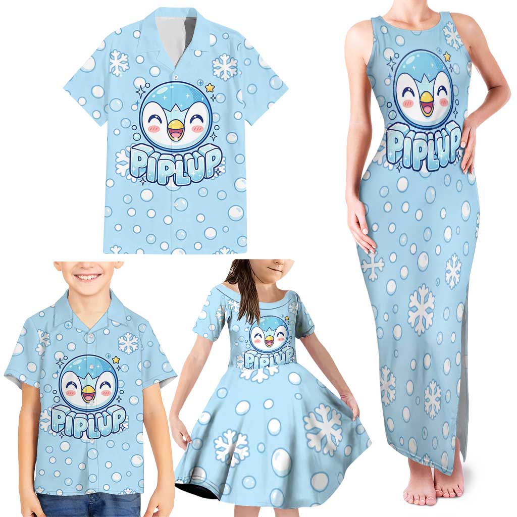 Piplup Family Matching Tank Maxi Dress and Hawaiian Shirt Cute Winter Snowflake Art