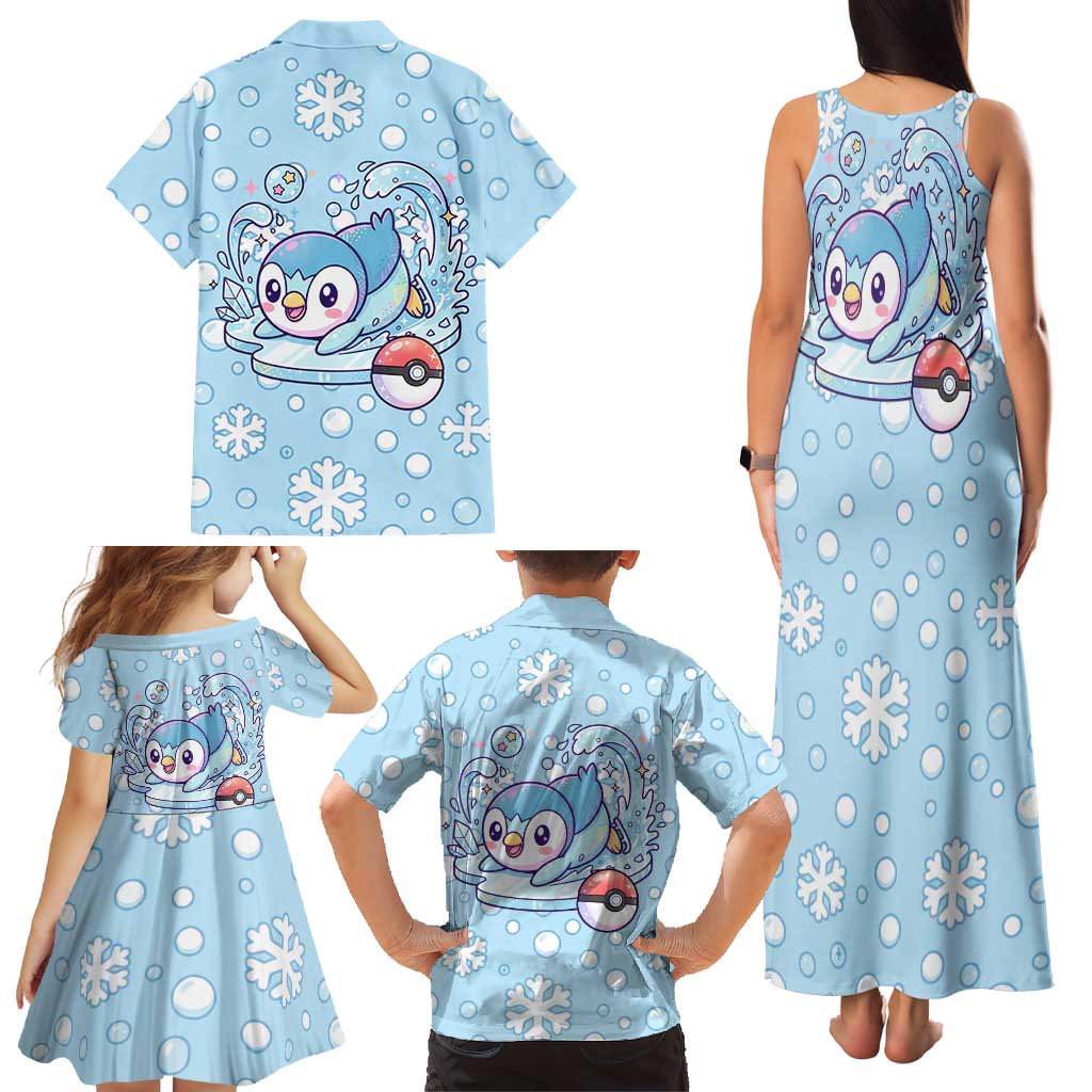 Piplup Family Matching Tank Maxi Dress and Hawaiian Shirt Cute Winter Snowflake Art