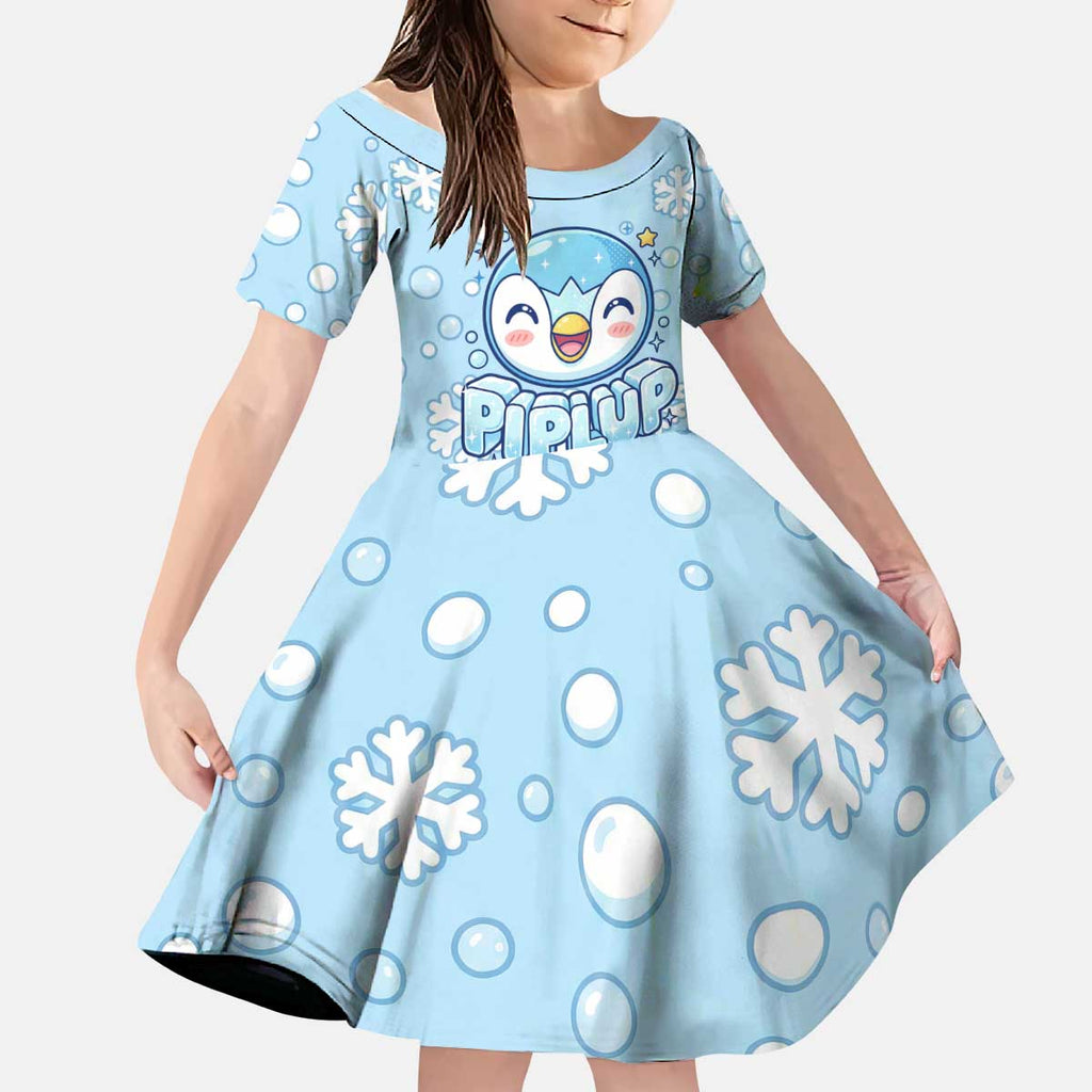 Piplup Kid Short Sleeve Dress Cute Winter Snowflake Art