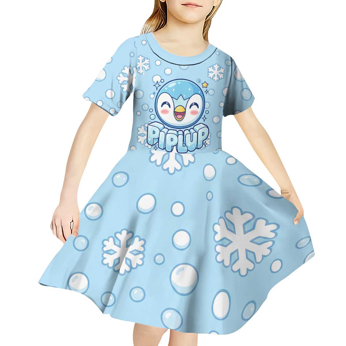 Piplup Kid Short Sleeve Dress Cute Winter Snowflake Art