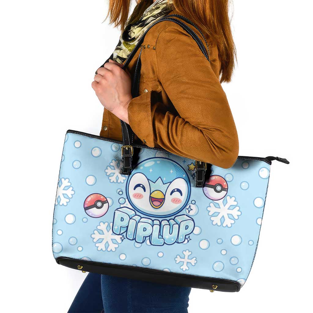 Piplup Leather Tote Bag Cute Winter Snowflake Art