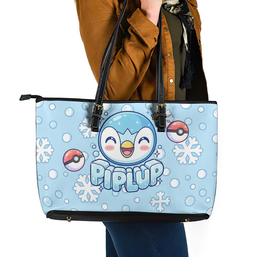 Piplup Leather Tote Bag Cute Winter Snowflake Art