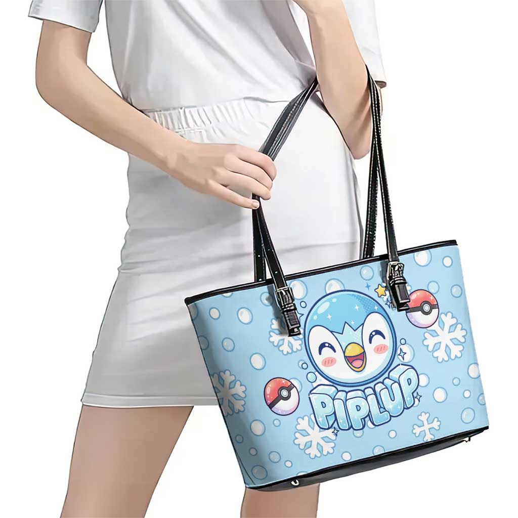 Piplup Leather Tote Bag Cute Winter Snowflake Art