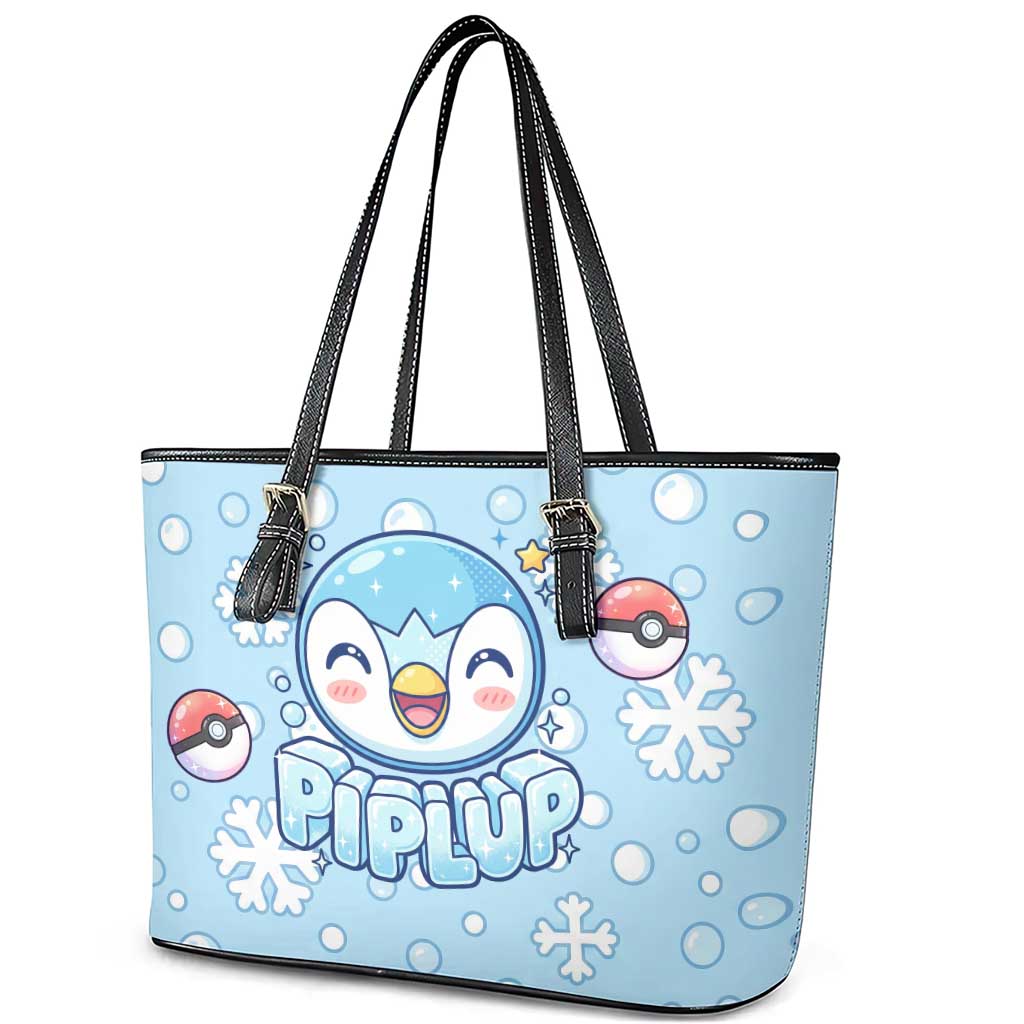 Piplup Leather Tote Bag Cute Winter Snowflake Art