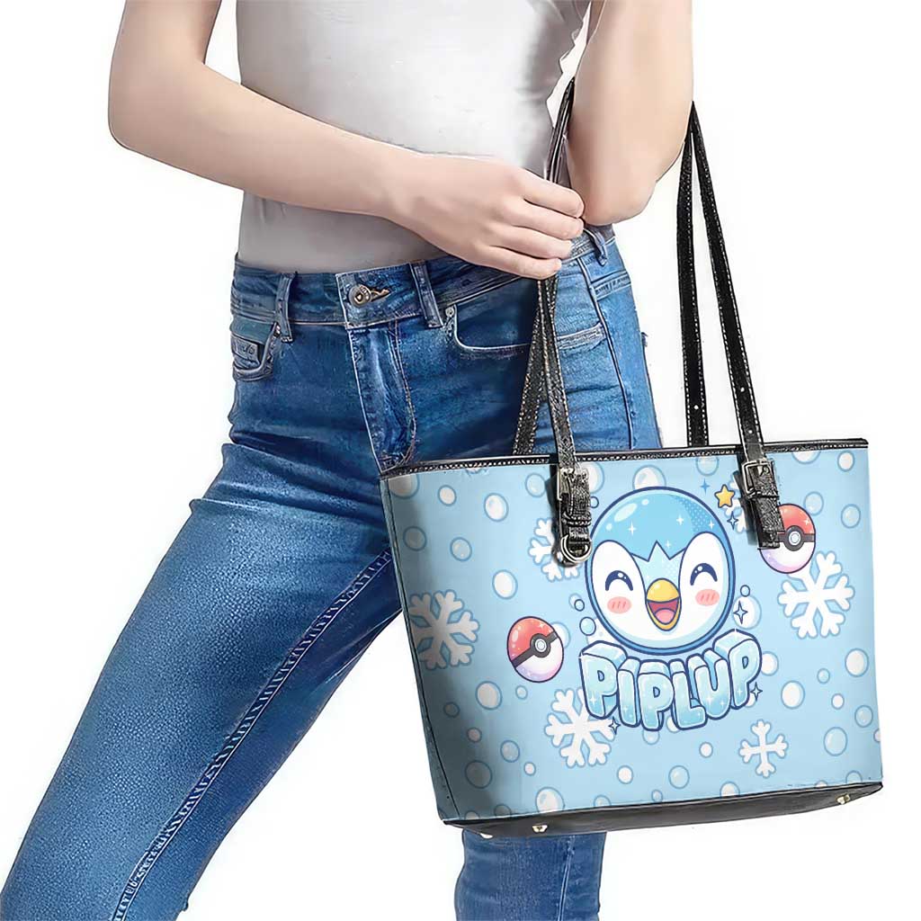 Piplup Leather Tote Bag Cute Winter Snowflake Art