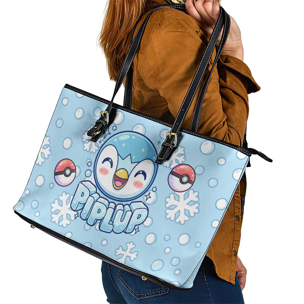 Piplup Leather Tote Bag Cute Winter Snowflake Art