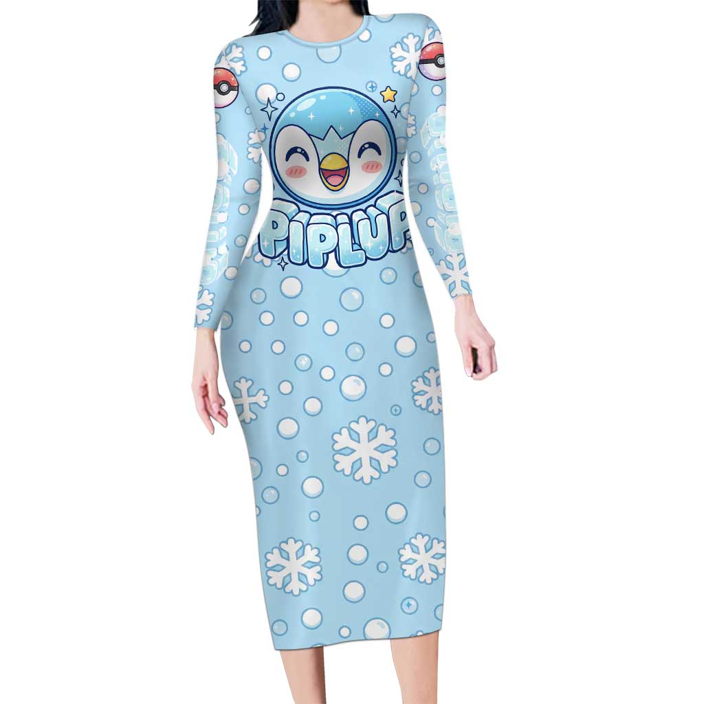 Piplup Long Sleeve Bodycon Dress Cute Winter Snowflake Art
