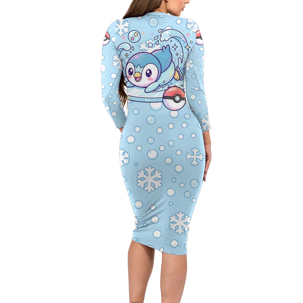 Piplup Long Sleeve Bodycon Dress Cute Winter Snowflake Art