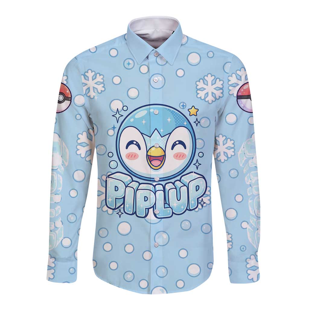 Piplup Long Sleeve Button Shirt Cute Winter Snowflake Art