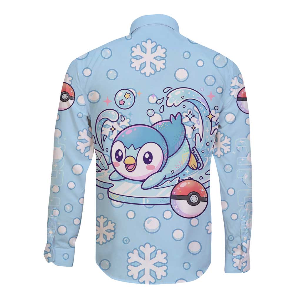Piplup Long Sleeve Button Shirt Cute Winter Snowflake Art