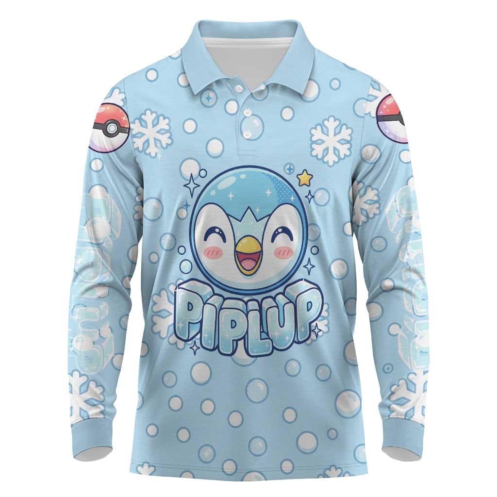 Piplup Long Sleeve Polo Shirt Cute Winter Snowflake Art
