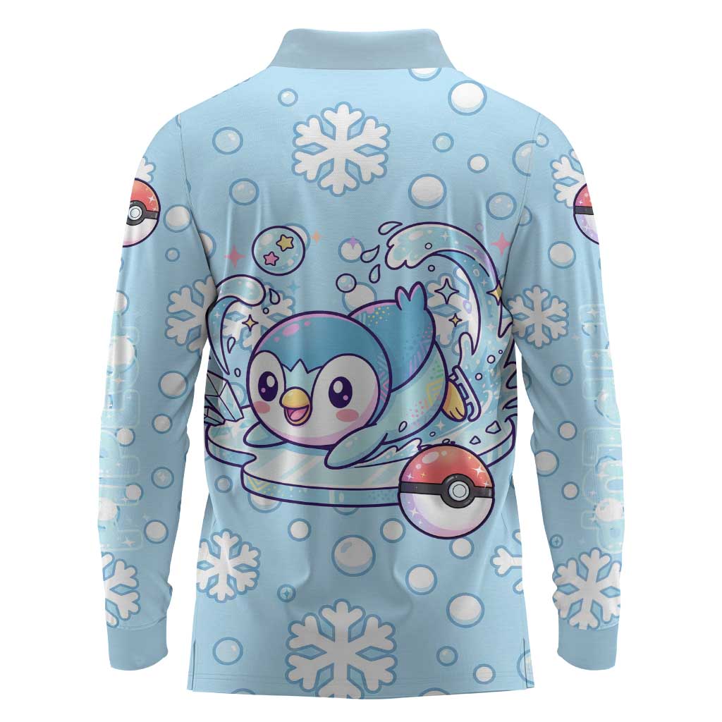Piplup Long Sleeve Polo Shirt Cute Winter Snowflake Art