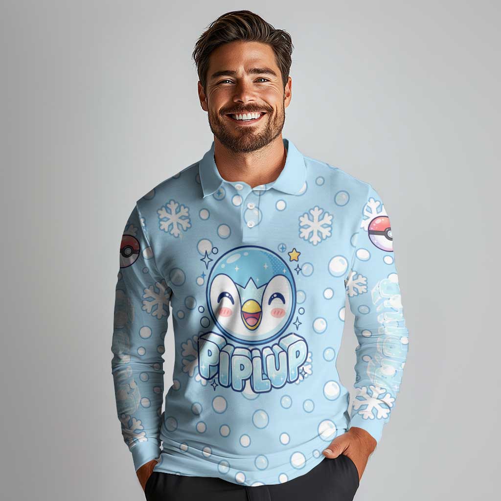 Piplup Long Sleeve Polo Shirt Cute Winter Snowflake Art
