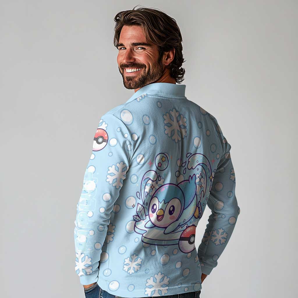 Piplup Long Sleeve Polo Shirt Cute Winter Snowflake Art