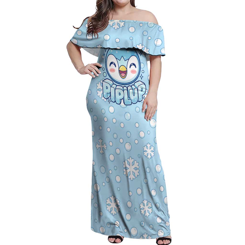 Piplup Off Shoulder Maxi Dress Cute Winter Snowflake Art