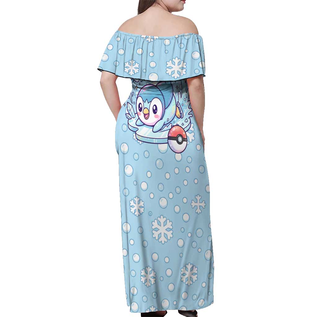 Piplup Off Shoulder Maxi Dress Cute Winter Snowflake Art