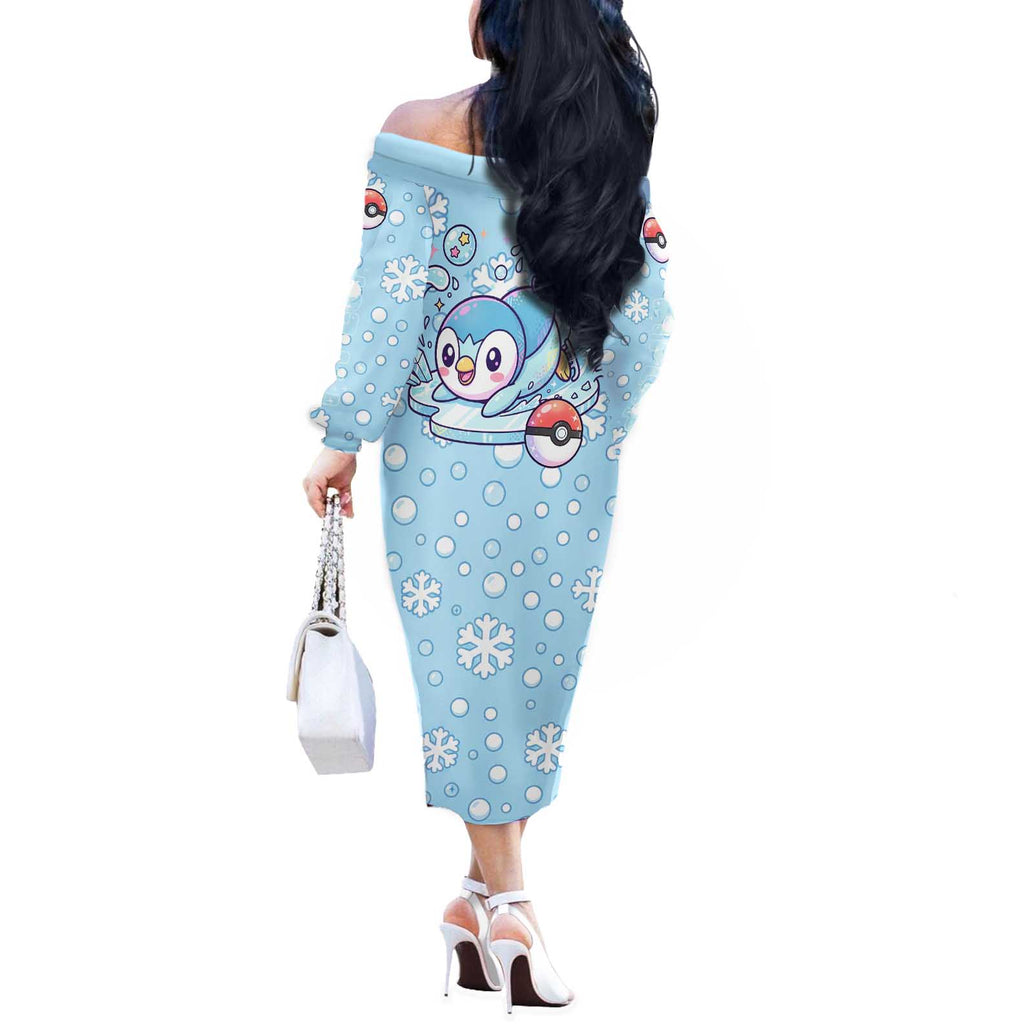 Piplup Off The Shoulder Long Sleeve Dress Cute Winter Snowflake Art