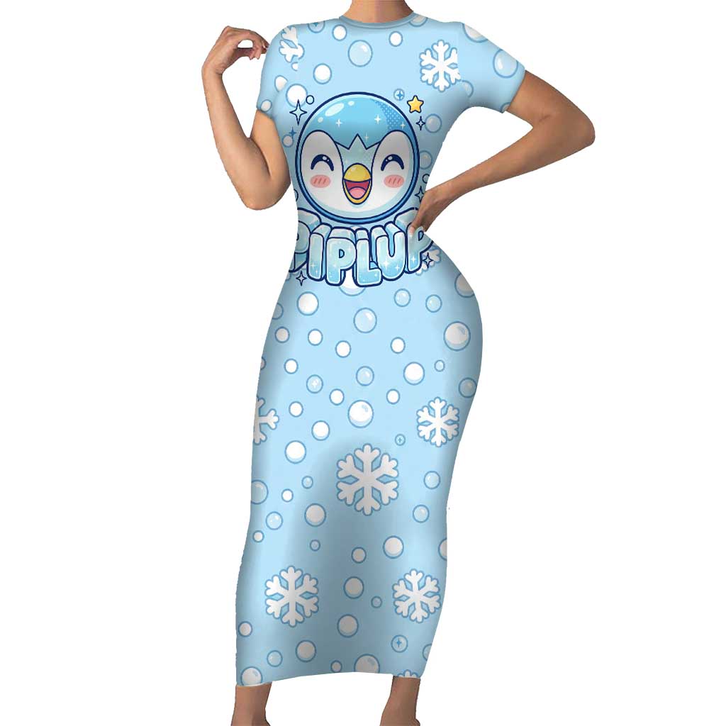 Piplup Short Sleeve Bodycon Dress Cute Winter Snowflake Art