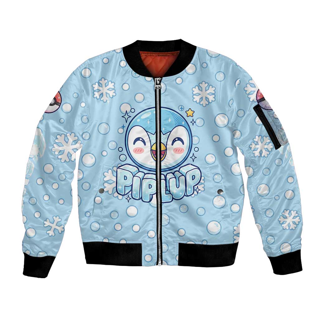 Piplup Sleeve Zip Bomber Jacket Cute Winter Snowflake Art