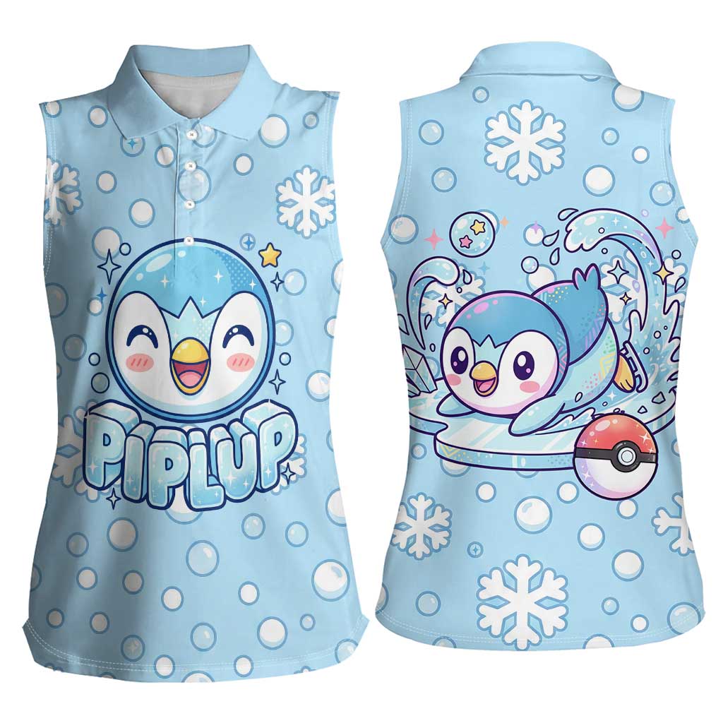 Piplup Women Sleeveless Polo Shirt Cute Winter Snowflake Art