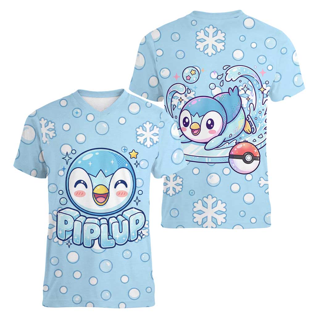 Piplup Women V-Neck T-Shirt Cute Winter Snowflake Art