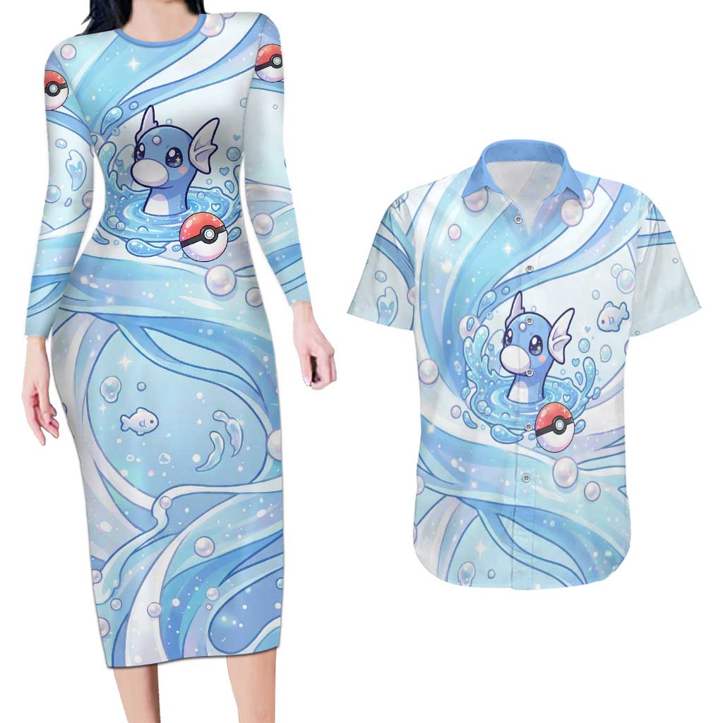 Dratini Couples Matching Long Sleeve Bodycon Dress and Hawaiian Shirt Pastel Aquatic Crystal Art