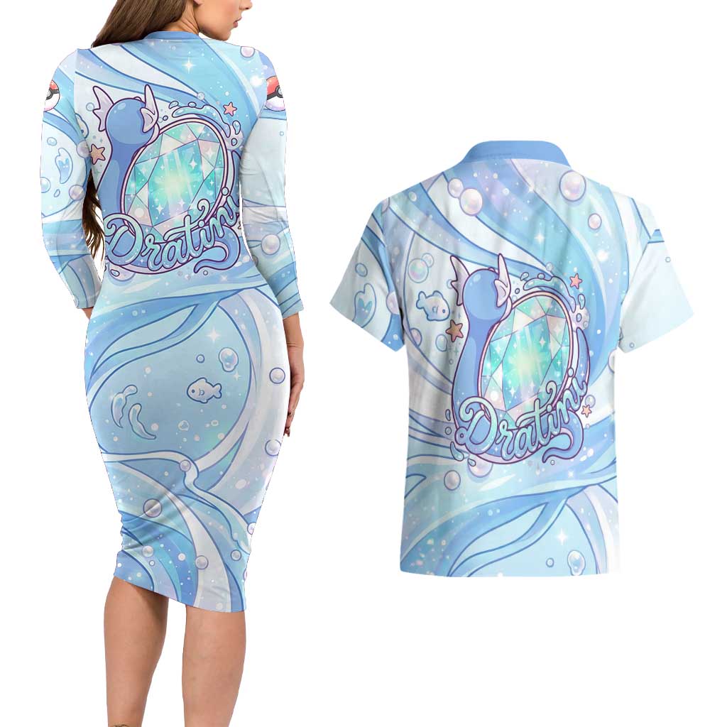 Dratini Couples Matching Long Sleeve Bodycon Dress and Hawaiian Shirt Pastel Aquatic Crystal Art