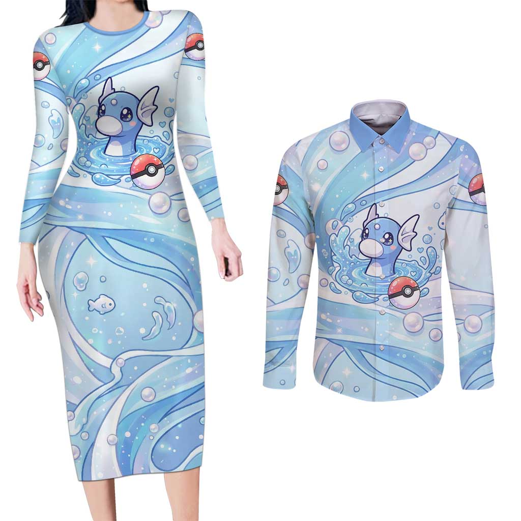 Dratini Couples Matching Long Sleeve Bodycon Dress and Long Sleeve Button Shirt Pastel Aquatic Crystal Art