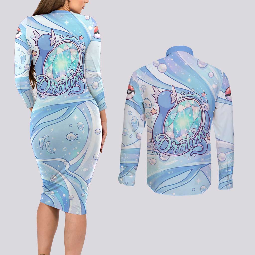 Dratini Couples Matching Long Sleeve Bodycon Dress and Long Sleeve Button Shirt Pastel Aquatic Crystal Art