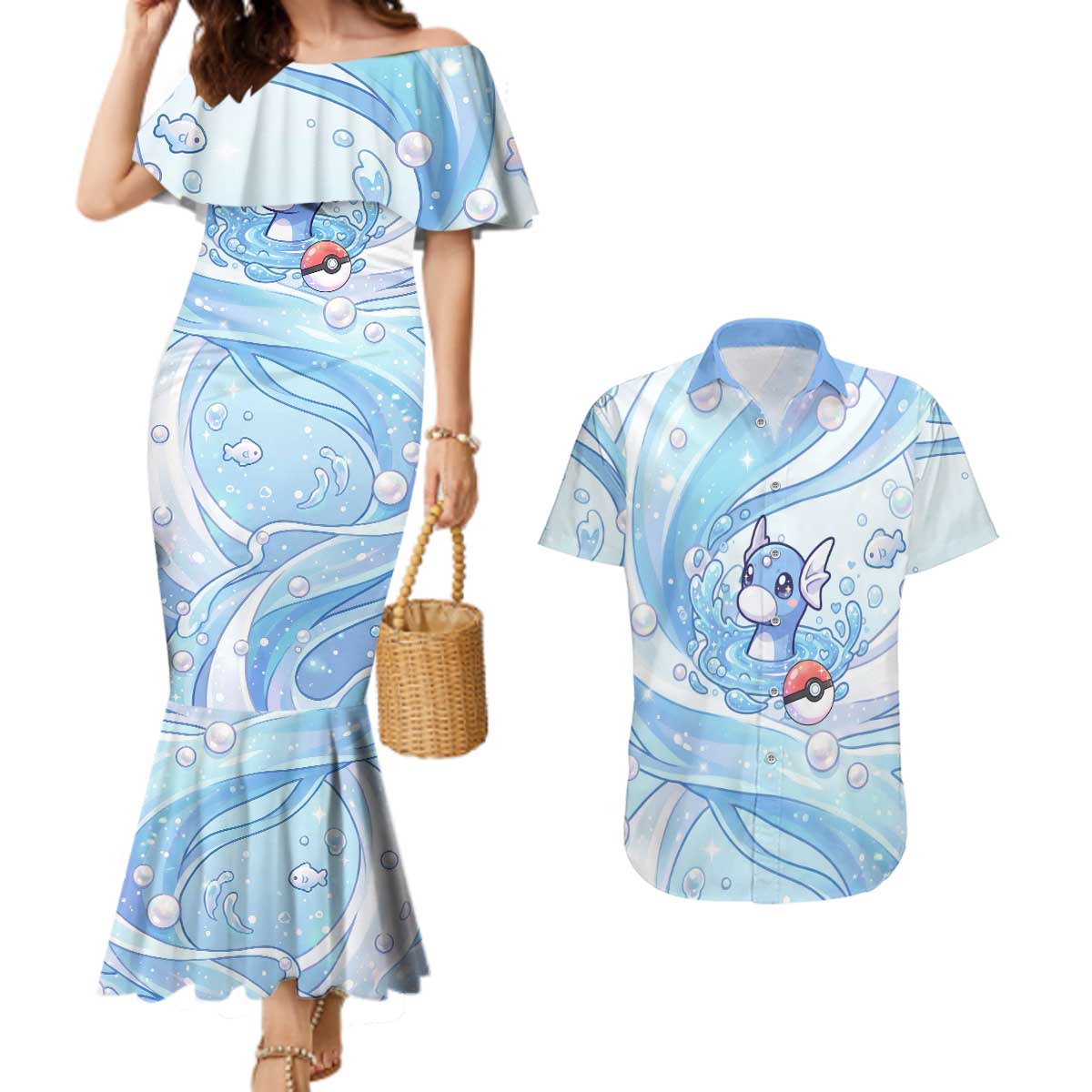 Dratini Couples Matching Mermaid Dress and Hawaiian Shirt Pastel Aquatic Crystal Art