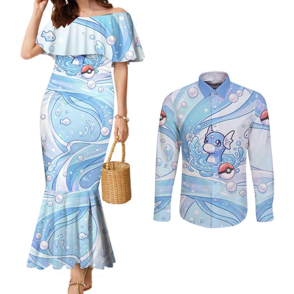 Dratini Couples Matching Mermaid Dress and Long Sleeve Button Shirt Pastel Aquatic Crystal Art