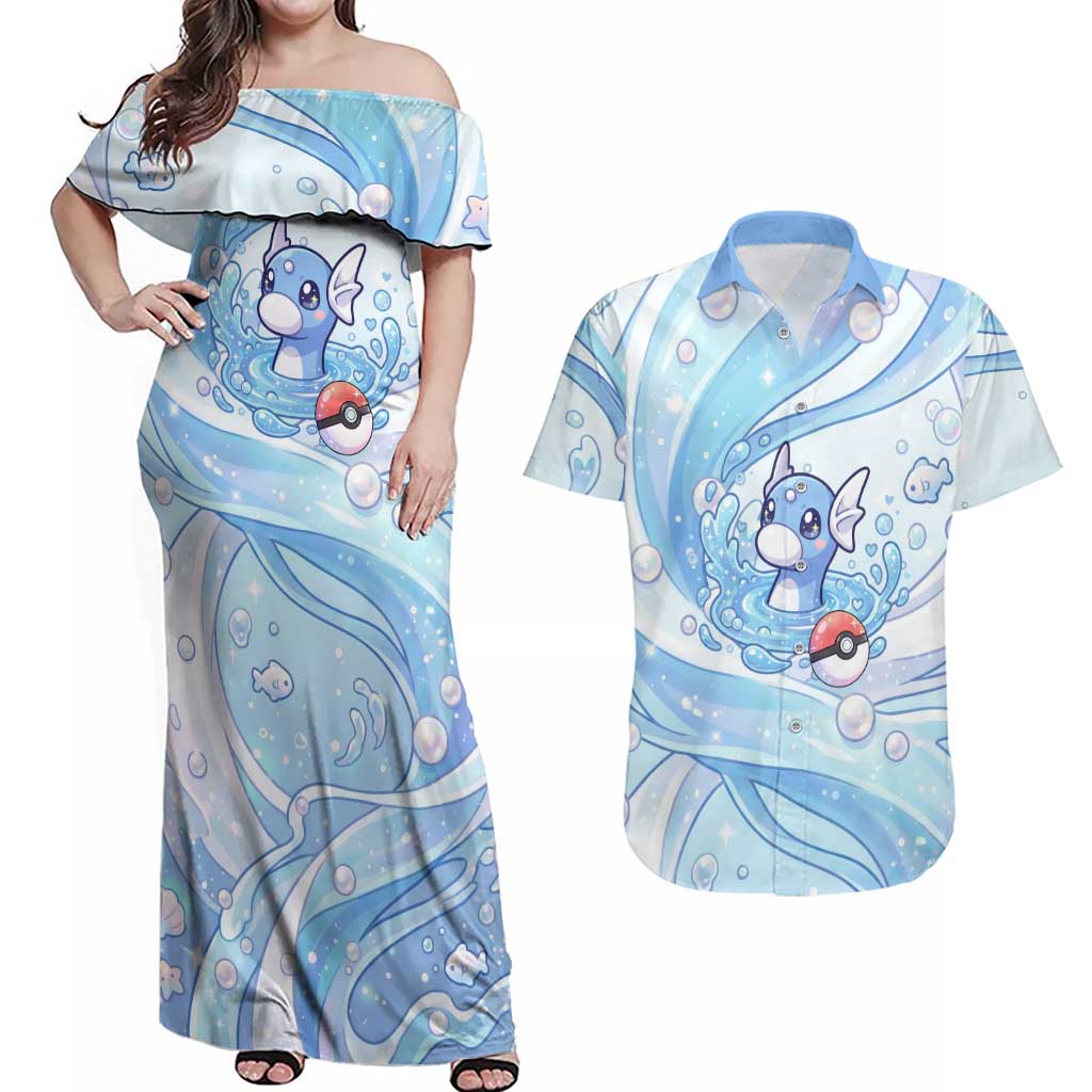 Dratini Couples Matching Off Shoulder Maxi Dress and Hawaiian Shirt Pastel Aquatic Crystal Art