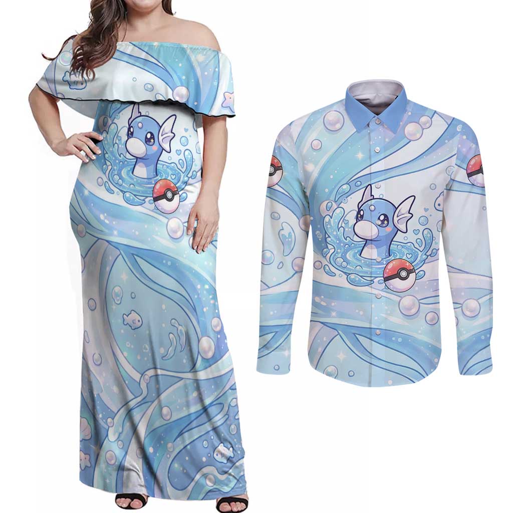 Dratini Couples Matching Off Shoulder Maxi Dress and Long Sleeve Button Shirt Pastel Aquatic Crystal Art