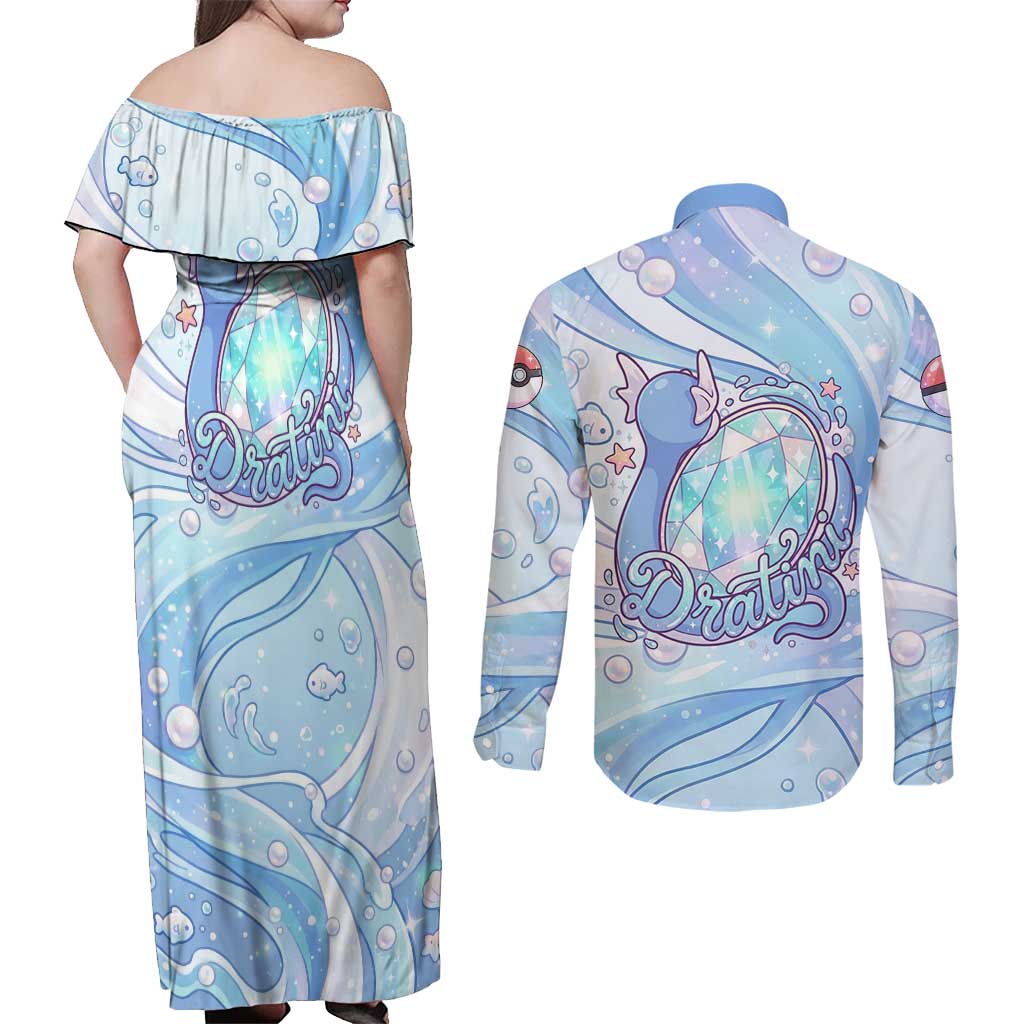 Dratini Couples Matching Off Shoulder Maxi Dress and Long Sleeve Button Shirt Pastel Aquatic Crystal Art