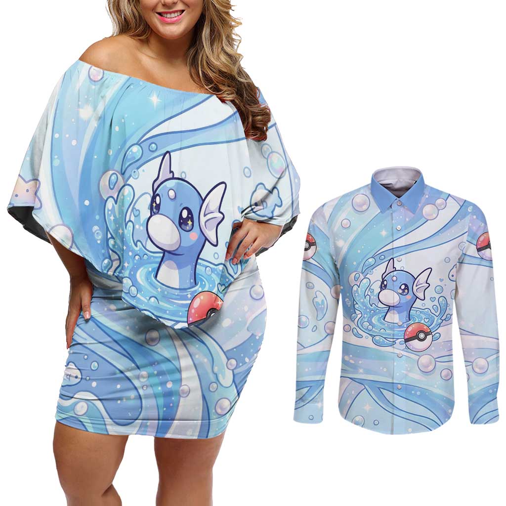 Dratini Couples Matching Off Shoulder Short Dress and Long Sleeve Button Shirt Pastel Aquatic Crystal Art