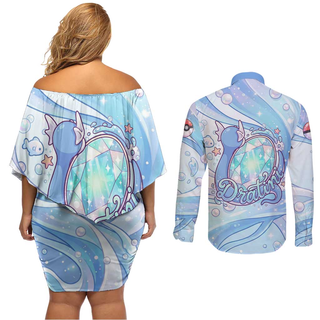 Dratini Couples Matching Off Shoulder Short Dress and Long Sleeve Button Shirt Pastel Aquatic Crystal Art