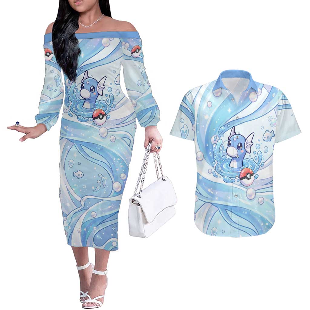 Dratini Couples Matching Off The Shoulder Long Sleeve Dress and Hawaiian Shirt Pastel Aquatic Crystal Art