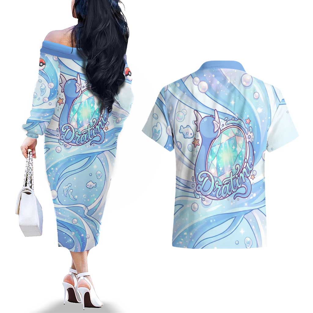 Dratini Couples Matching Off The Shoulder Long Sleeve Dress and Hawaiian Shirt Pastel Aquatic Crystal Art