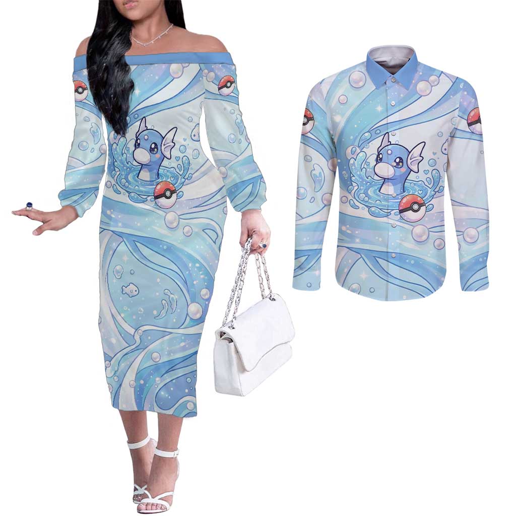 Dratini Couples Matching Off The Shoulder Long Sleeve Dress and Long Sleeve Button Shirt Pastel Aquatic Crystal Art