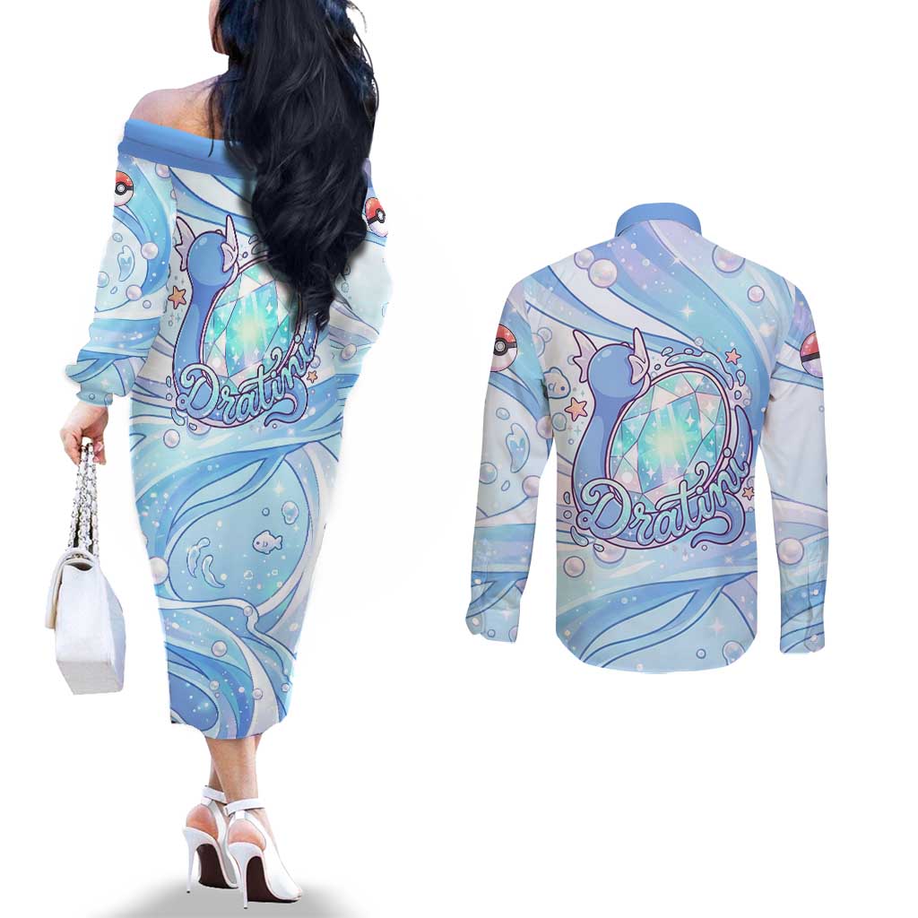 Dratini Couples Matching Off The Shoulder Long Sleeve Dress and Long Sleeve Button Shirt Pastel Aquatic Crystal Art