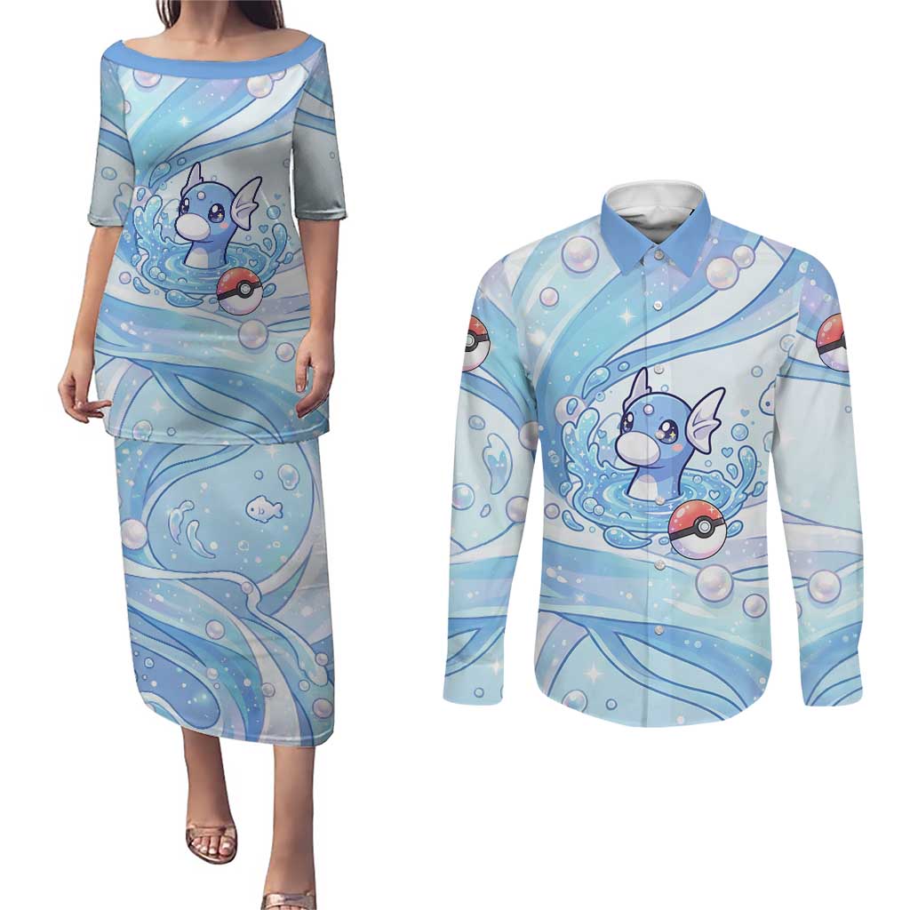 Dratini Couples Matching Puletasi and Long Sleeve Button Shirt Pastel Aquatic Crystal Art