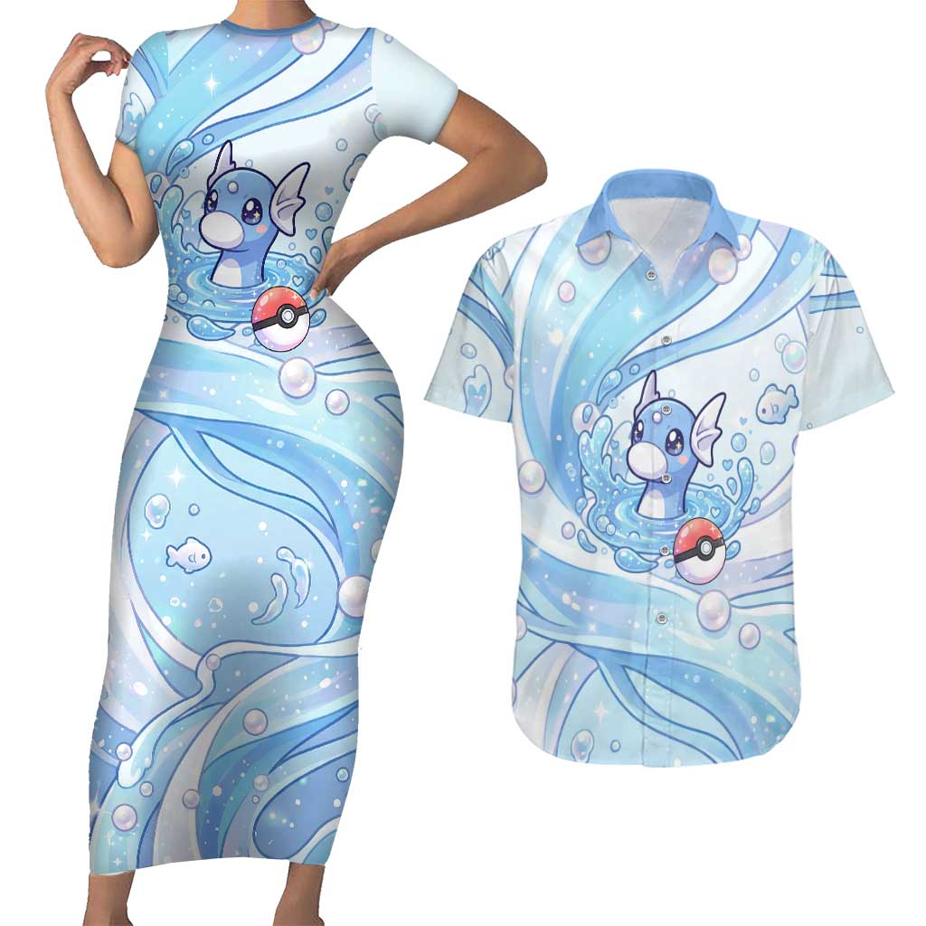 Dratini Couples Matching Short Sleeve Bodycon Dress and Hawaiian Shirt Pastel Aquatic Crystal Art