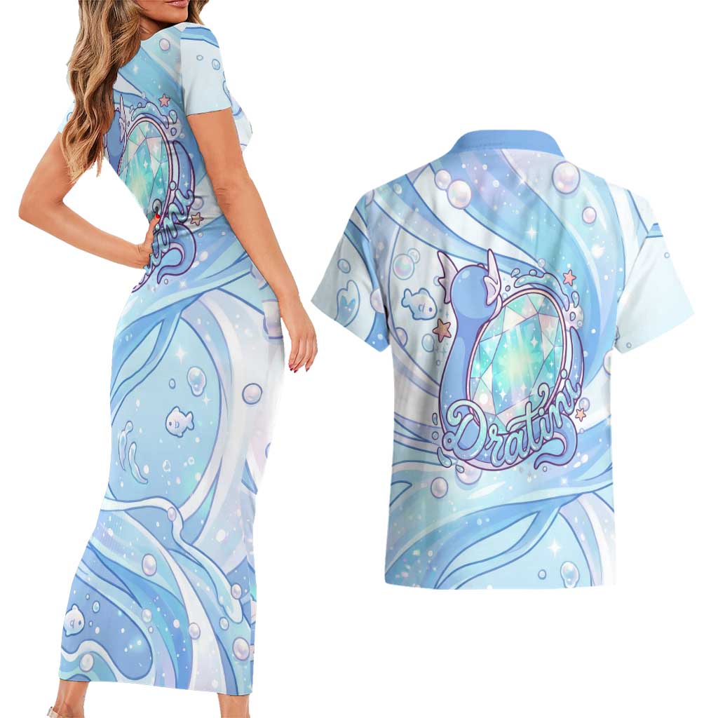 Dratini Couples Matching Short Sleeve Bodycon Dress and Hawaiian Shirt Pastel Aquatic Crystal Art