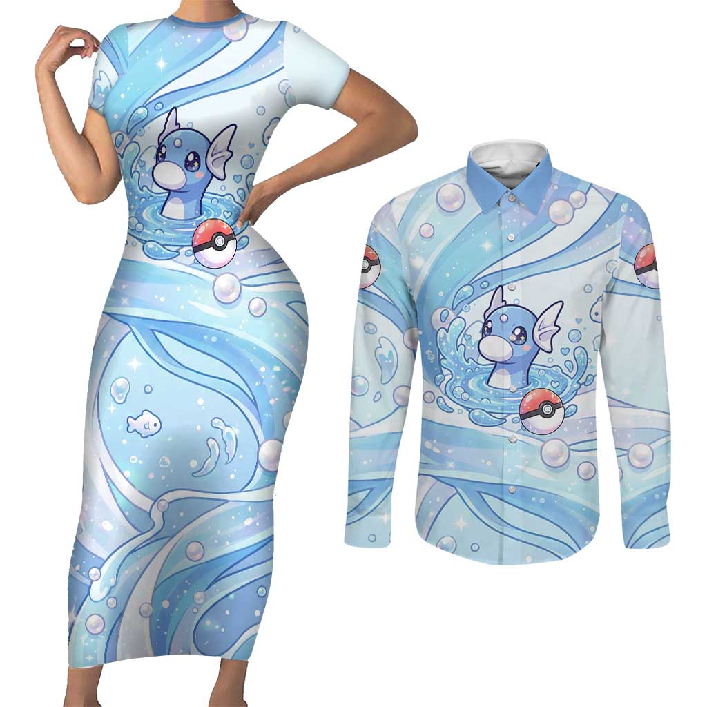 Dratini Couples Matching Short Sleeve Bodycon Dress and Long Sleeve Button Shirt Pastel Aquatic Crystal Art